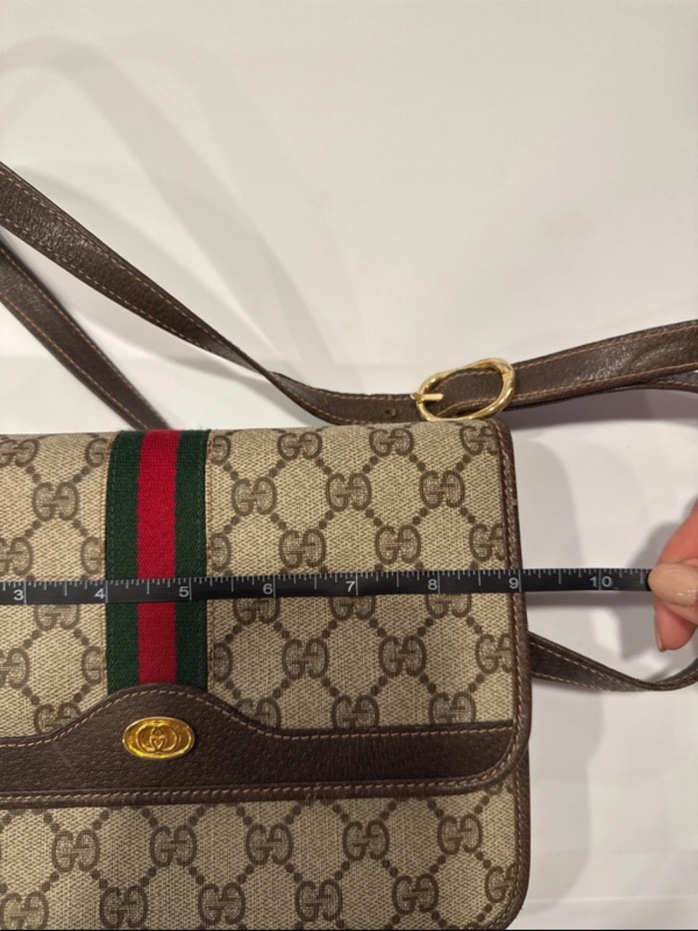 Gucci Beige GG Canvas Crossbody with Brown Leather & Green-Red Web - Picture 9 of 12